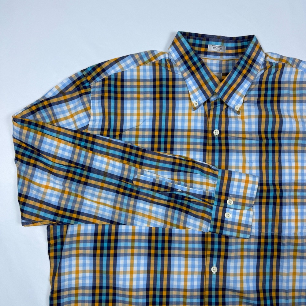 Peter Millar Button Down Shirt Mens XL Blue Gold Plaid Long Sleeve Cotton